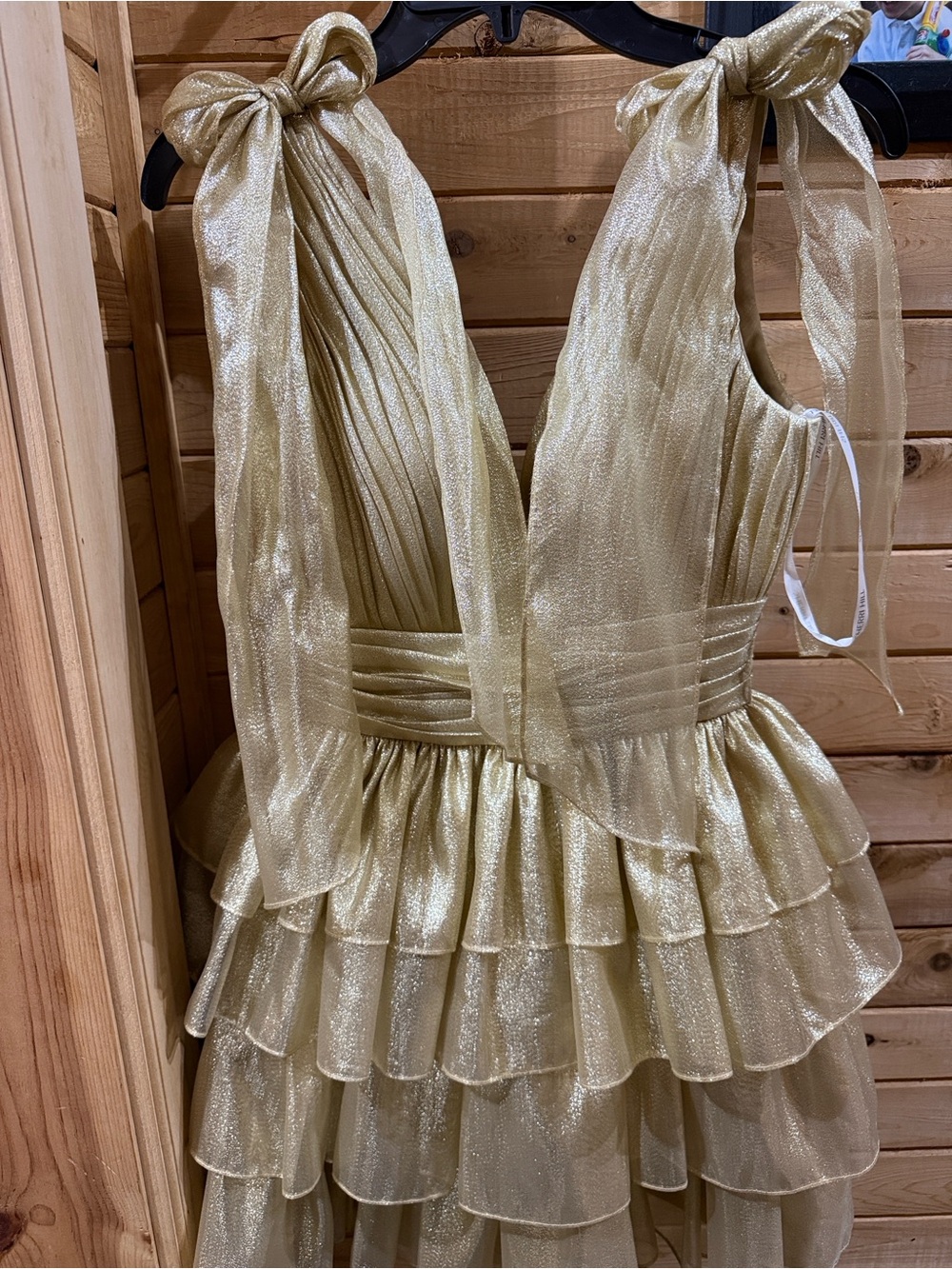 Sherri Hill Gold Shimmer Tiered Ruffle Halter Dress